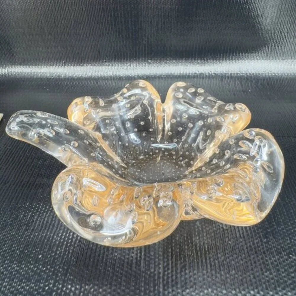 Murano Art Glass Controlled Bubbles Light Pink Leaf Clover Heavy Dish Bowl VTG‎